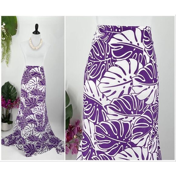 Purple White Monstera Tropical Hawaiian MAXI SARONG Kīkepa Pareo Beach WrapSkirt - Picture 2 of 5